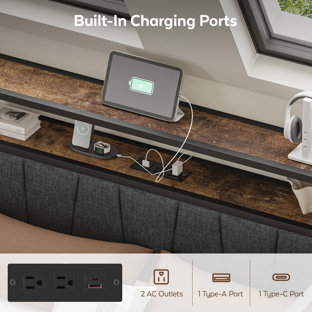 Queen Corner Bed Frame with Storage Drawers, Modern Daybed with LED Lights and Charging Station, Metal Platform Bed