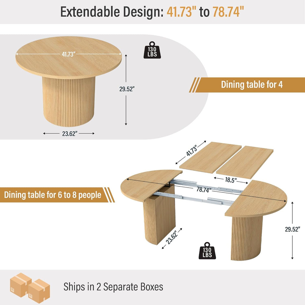 41 in-78 in Extendable Dining Room Table for 4-8, Round Expandable Kitchen Table with Fluted Base, Modern Farmhouse