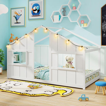 Twin Kids House Bed with Light Bulbs, Wooden Montessori Floor Bed Frame with Roof & Windows, Twin Floor Bed for Kids