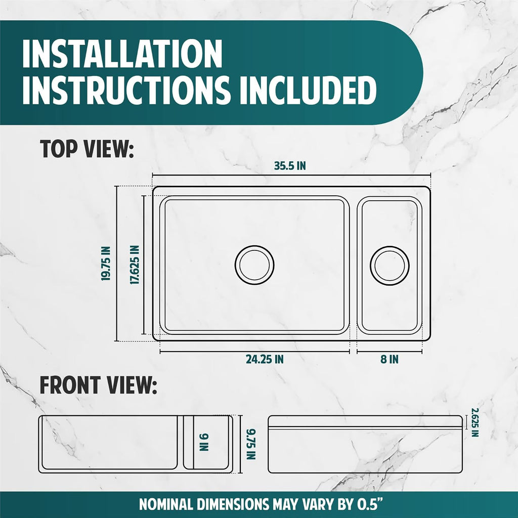 White Farmhouse Sink, 36" Farm Kitchen Sink, Fireclay