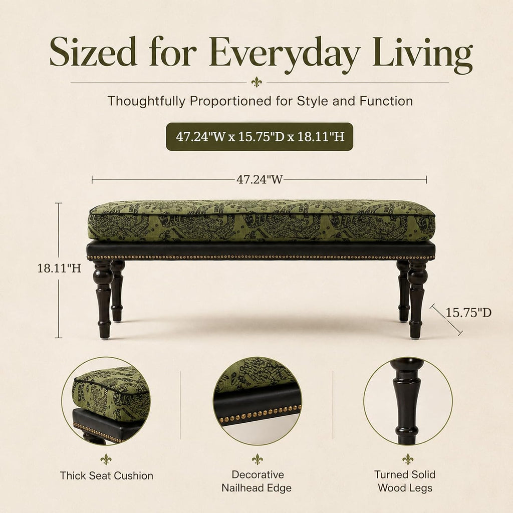 47" Upholstered Bed End Bench , Vintage Bed Bench | Vintage Solid Wood Bench with Detachable Washable Cover, Pattern