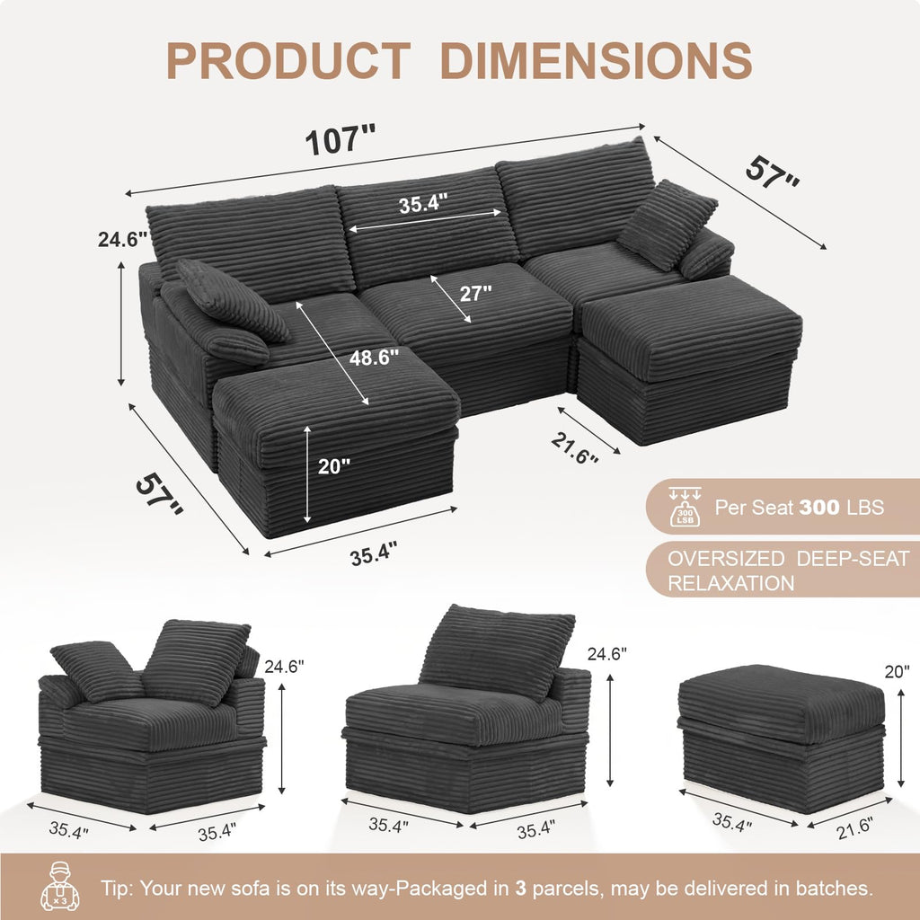 107" Boneless Couch with Storage, 48.6" Extra Deep-High Seat Modular Sectional Sofa with Ottoman, 3 Seater U Shaped