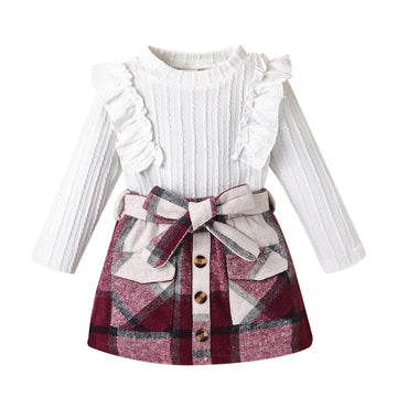 Girl Clothes Fall Toddler Winter Outfit Knit Top Plaid Skirt Belt White