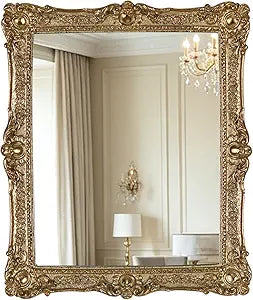 Decorative Wall Mirror, Gold, Ornate Baroque Style, Vintage Vanity Makeup Mirror, Freestanding Or Wall Mount (Gold,