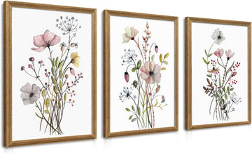 Framed Botanical Canvas Wall Art Set of 3, Watercolor Floral Prints, Framed Flower Wall Decor Bathroom Living Room