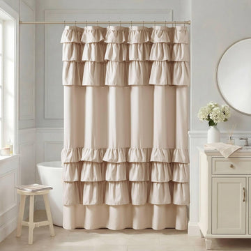 Grace Ruffle Shower Curtain , 72"x 72", Beige | Farmhouse Cottage Top, Machine Washable, Shabby Chic Ruffled Decor