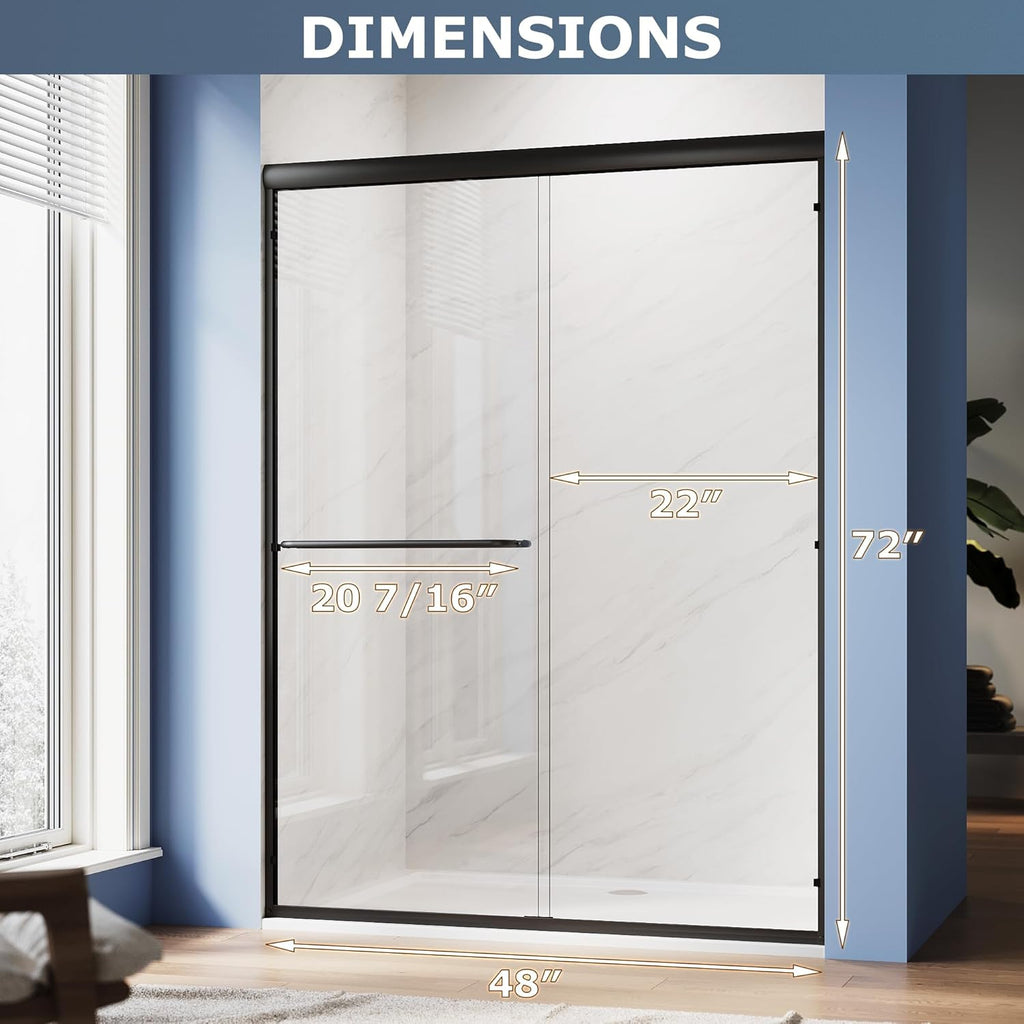 Double Sliding Glass Door 48" W x 72" H Shower Door 1/4" Tempered Glass Sliding Door Semi-Frameless Shower Glass