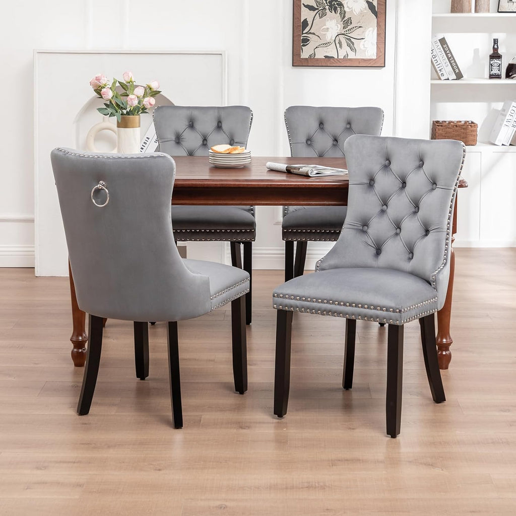 Velvet Dining Chairs Set of 4,Upholstered Dining Chairs with Ring Pull Trim and Button Back,Modern Seating for Kitchen