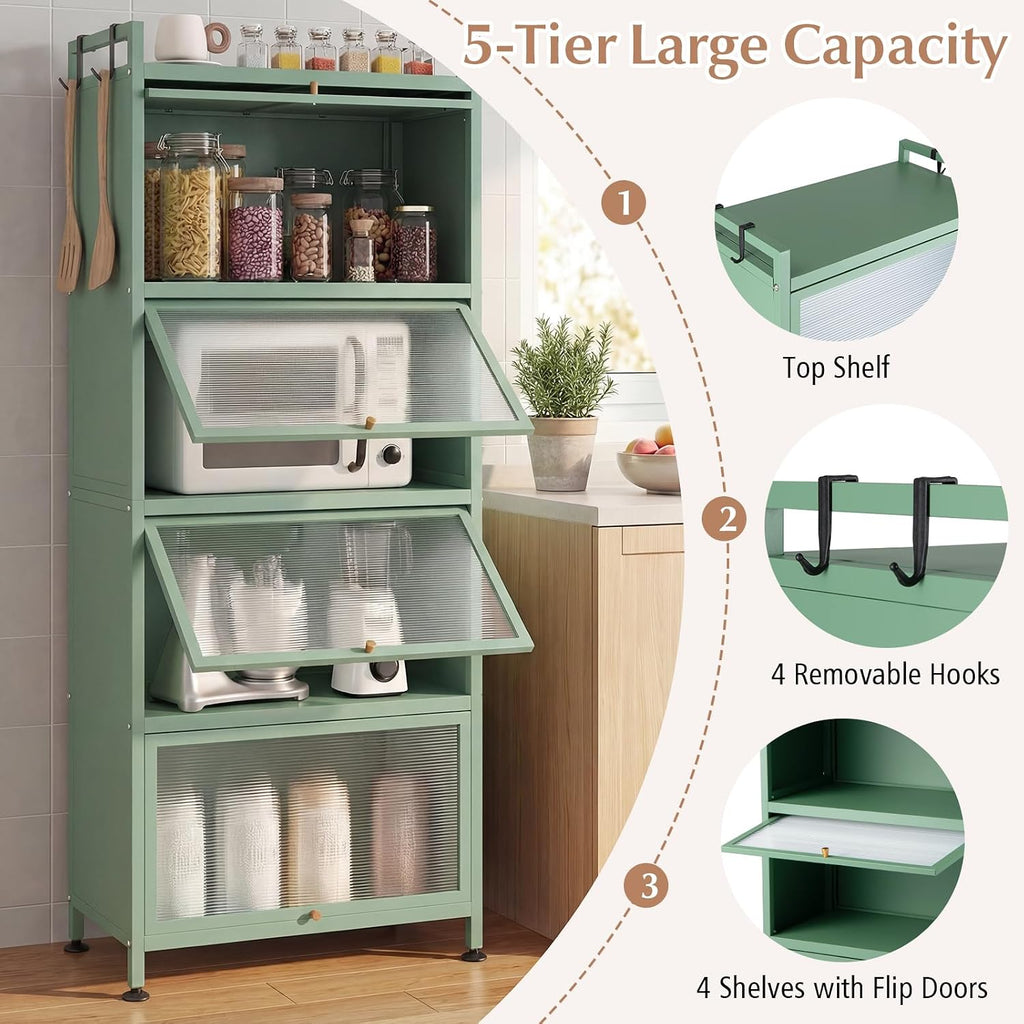 5-Tier Kitchen Storage Cabinet, 4 PC Doors, Rolling Wheels, Green | Mobile Metal Pantry Cabinet with 4 Hooks &