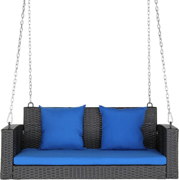 4FT Wicker Porch Swing for 2 Person, 800lb Capacity Outdoor Hanging Bench with Removable Cushions, Handwoven