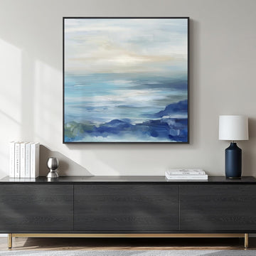 Framed Blue Abstract Wall Art , Large Coastal Canvas Artwork for Walls Decor, Seascape Square Beach Ocean Minimalist