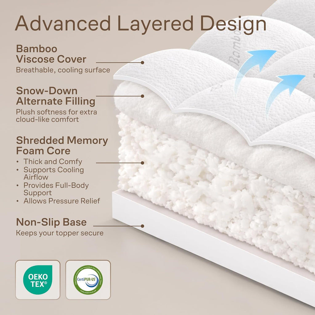 Ultra-Thick Shredded Memory Foam Queen Size Mattress Topper - Breathable & Balanced Pad for Back Pain Relief with