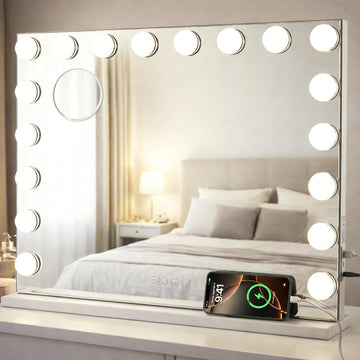 Large Vanity Mirror with Lights, 26"x20.9" Hollywood Mirror with 10X Magnification, 18 Dimmable LED Bulbs & 3 Color
