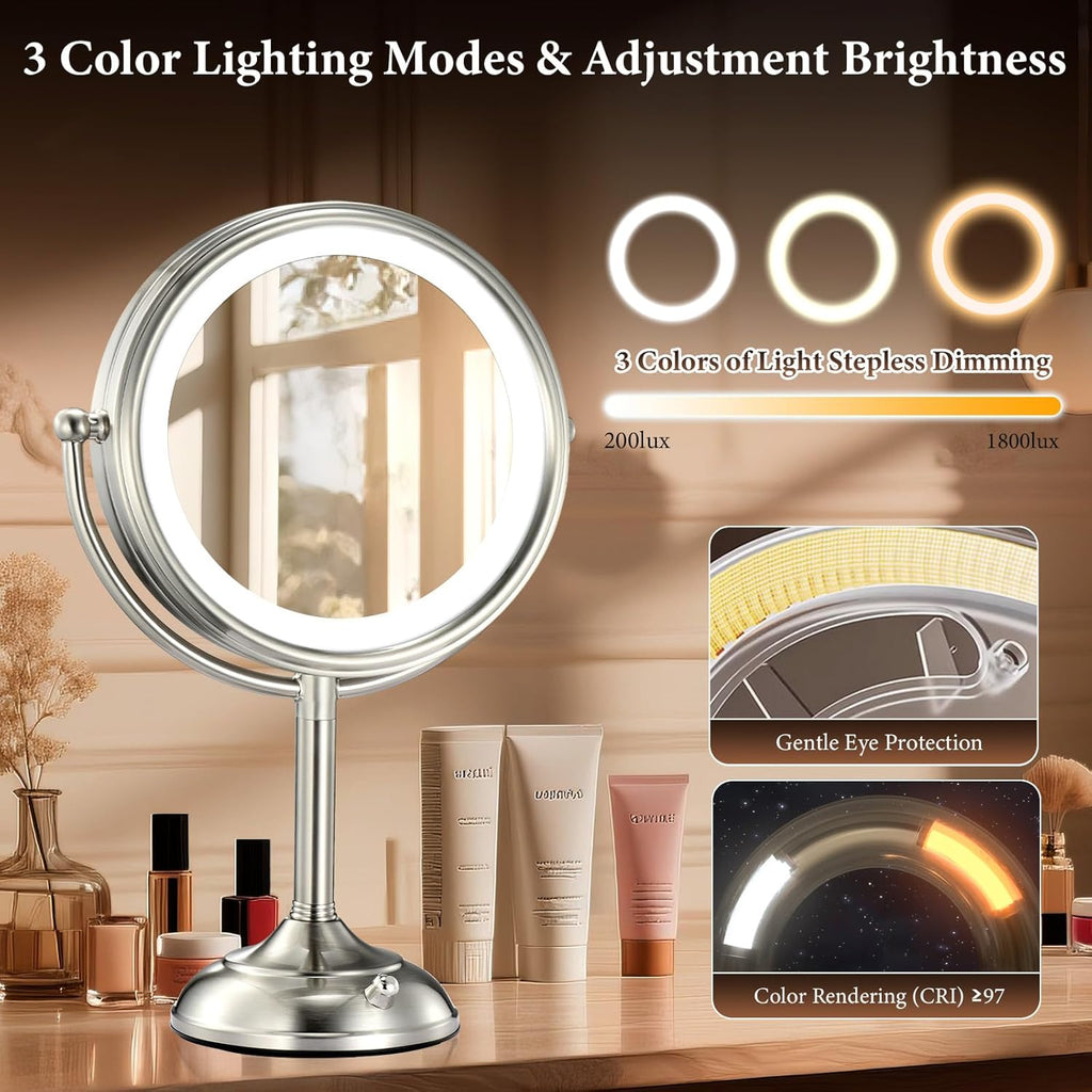 Professional 8.5" Large Lighted Makeup Mirror with Brighter Lights, 1X/10X True HD Magnifying Mirror with 3 Color