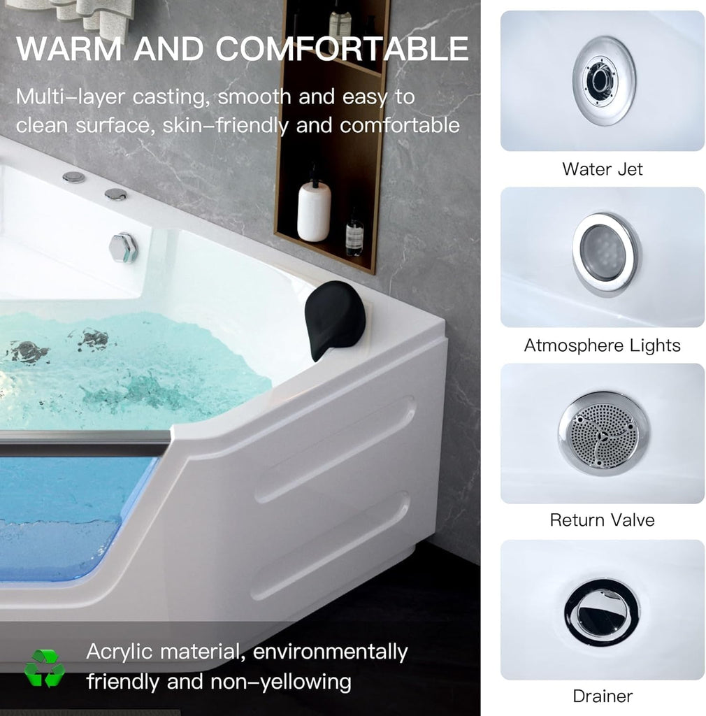 Acrylic Bath Tub with 6 Jetters | Hydromassage SPA Tub for 2 People | 59" Corner Jetted Bathtub with Waterproof