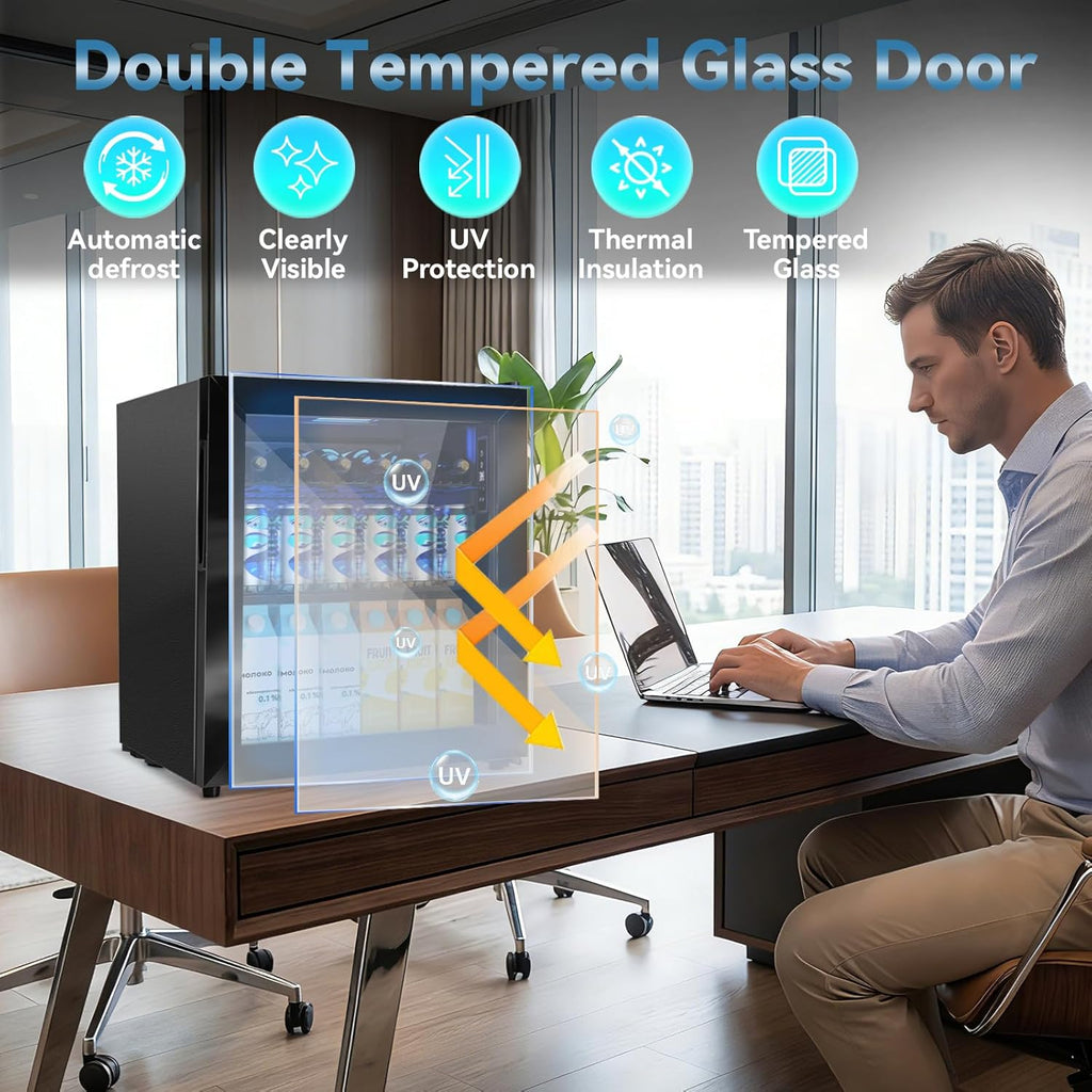 Mini Fridge with Glass Door-Small Fridge Desk Beverage Cooler with Lock for Beer