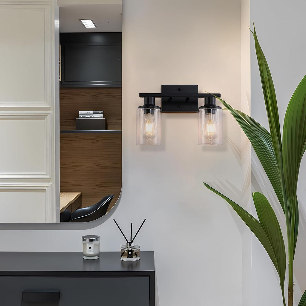 2-Light Matte Black Bathroom Vanity Light,Bathroom Light Fixtures Over Mirror with Clear Glass Shade,Modern Farmhouse