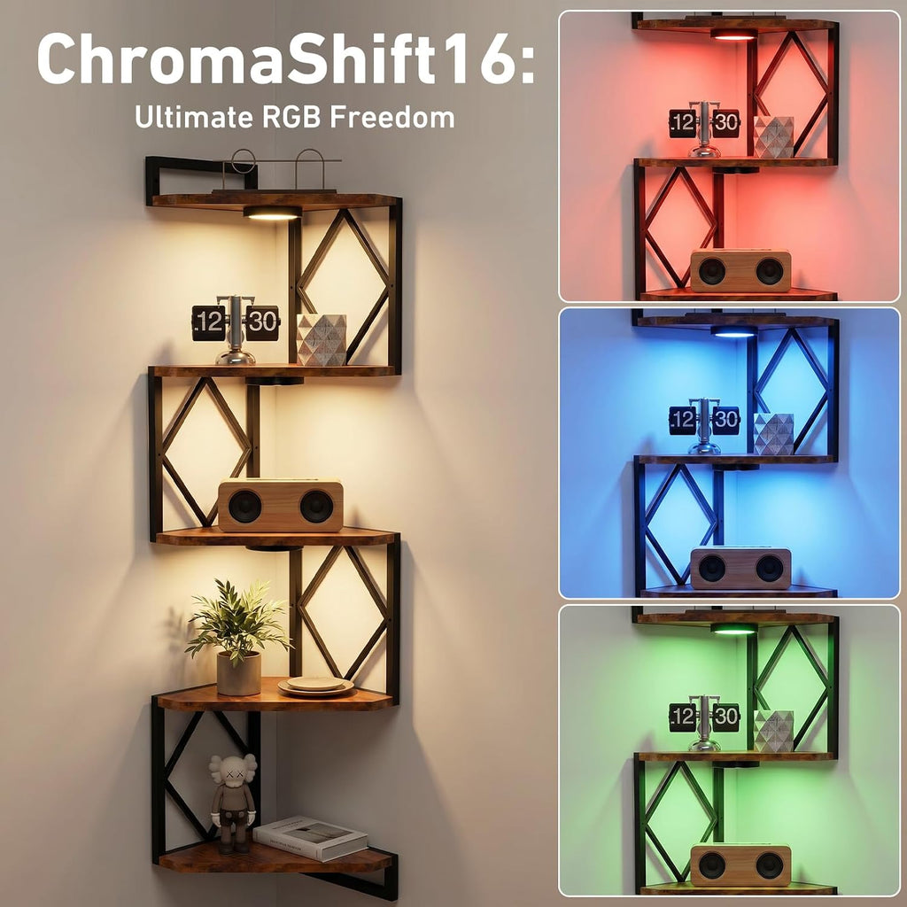 Corner Shelf Wall Mounted: 5-Tier Floating Shelves with Lights , Rustic Brown