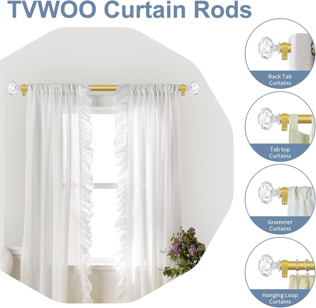 Gold Decorative Crystal Curtain Rods: Heavy Duty Adjustable Window Curtain Rods for Bedroom Living Room
