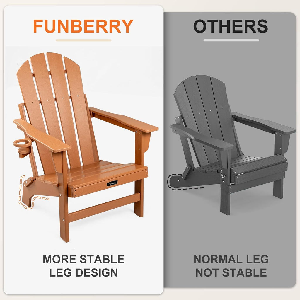 Folding Adirondack Chair, Stable Fire Pit Chairs with Cupholder | Wood-Grain, Stable Gun-Leg, HDPE All Weather, No