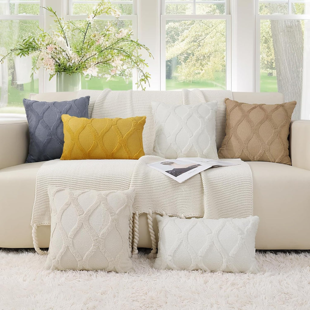 Summer Throw Pillow Covers 18x18 Inch Set of 2, Soft Plush Faux Fur Wool Cream White Accent Couch Pillow Covers for