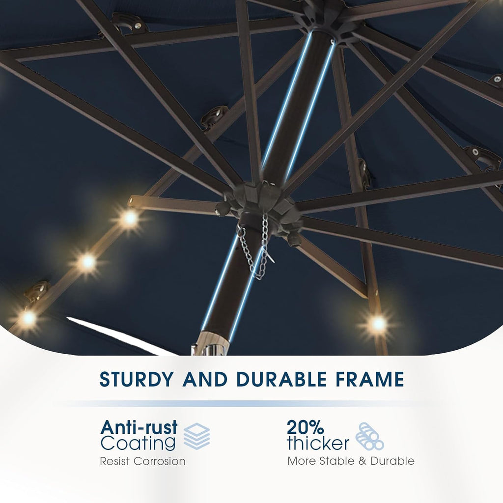 9FT 3Tiers Solar Led Patio Umbrella, Sturdy Outdoor Market Umbrella Pool, Garden w/Tilt, Crank, 32 LED Lights, Navy Blue