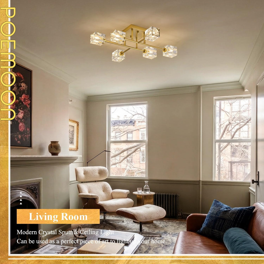 24" Gold 6-Light Luxury Semi Flush Mount Ceiling Light Modern K9 Crystal Kitchen Island Sputnik Chandelier for Dining