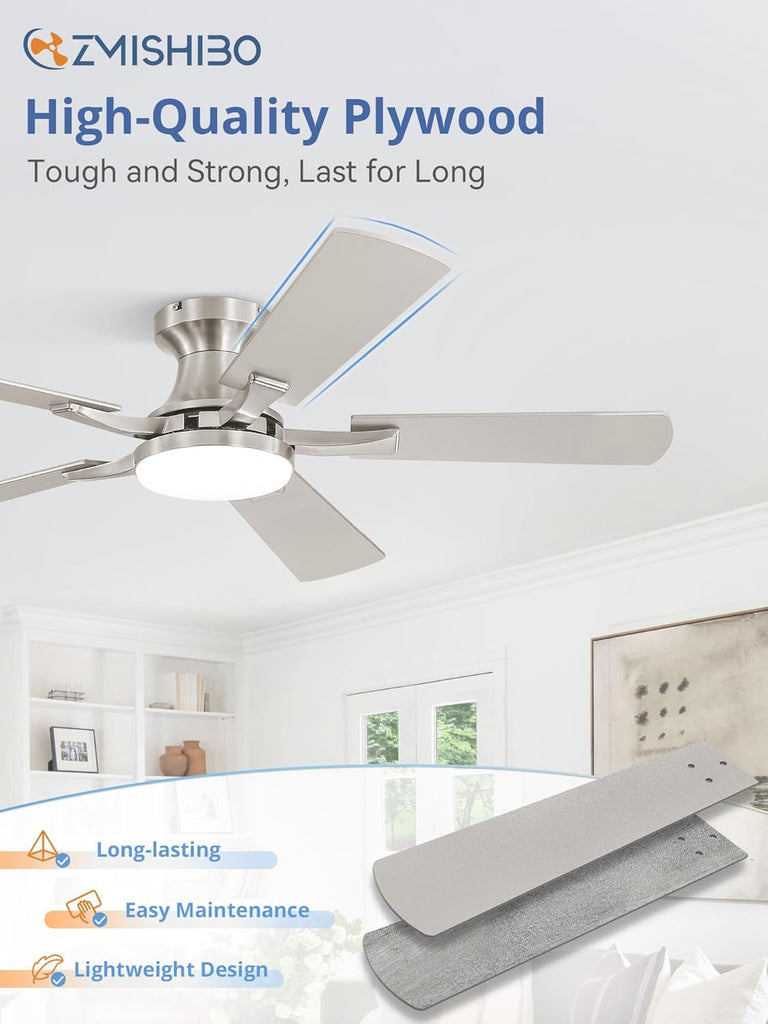 42 Inch Ceiling Fan with Light, App&Remote Control, Flush Mount Low Profile, Dimmable 20W LED Light, Quiet Reversible Motor for Bedroom, Living Room, Apartment, Nickel
