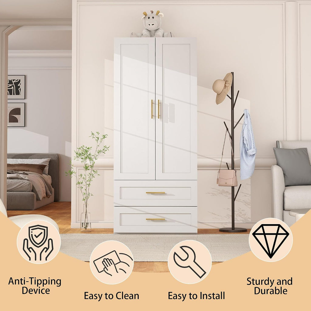 White Wardrobe with 2 Doors: 75" Tall Armoire Wardrobe Closet with 2 Drawers, Bedroom Closet Cabinet for Hanging