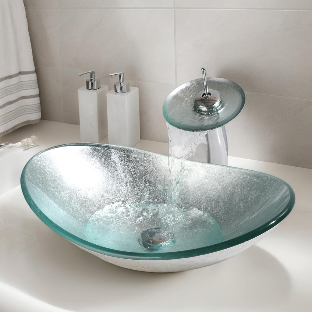 Oval Glass Vessel Sink with Faucet and Pop-Up Drain 22x14 Inch Silver Tempered Glass Bathroom Washbasin Boat Shape