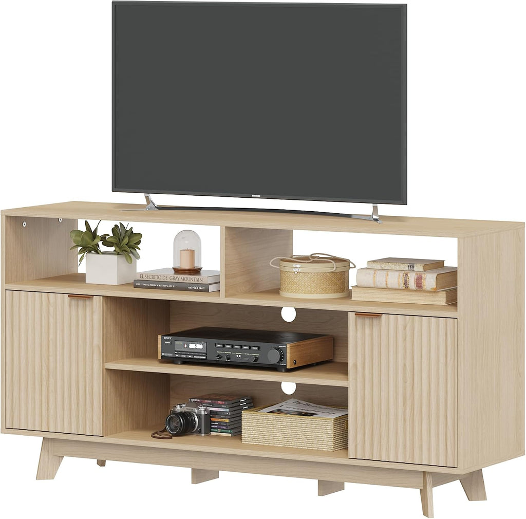Mid Century Modern TV Stand, 59 Inches Entertainment Center with Storage, Tall TV Media Console with 2 Fluted Doors