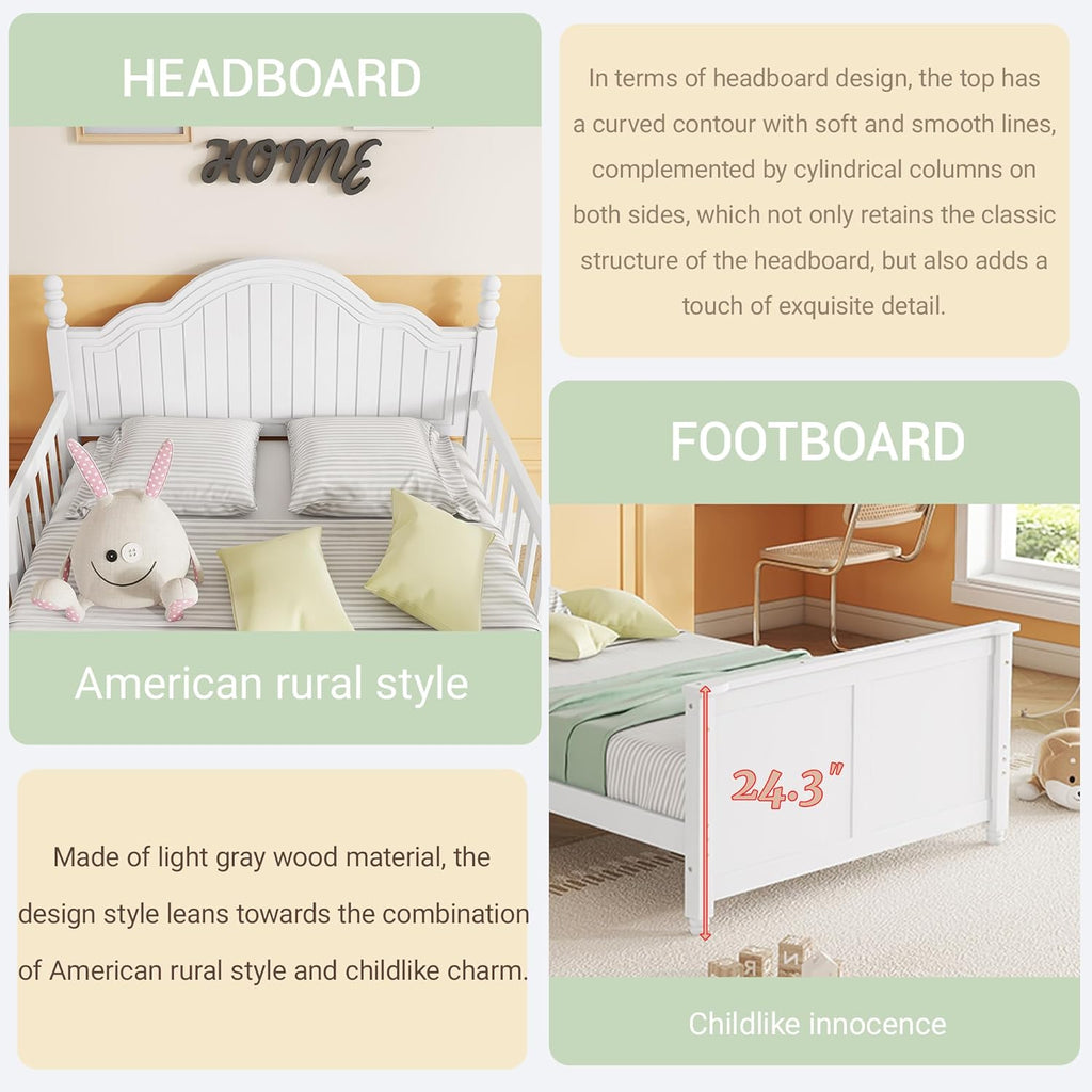 Twin Kids Bed Frame with Full-Length Guardrails, Low Profile Wood Platform Bed with Headboard & Footboard, Removable