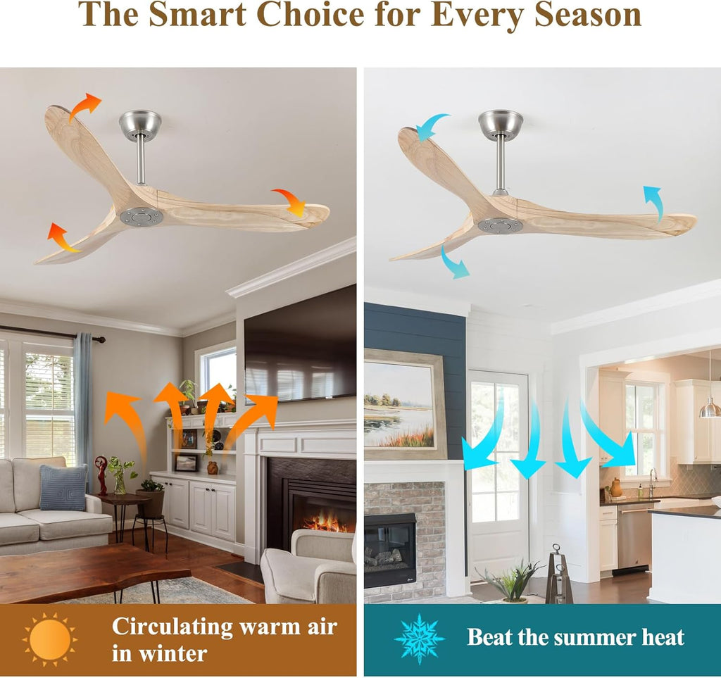 Inspired Maverick Style 52" Modern Ceiling Fan, No Light, 6-Speed, Reversible, Timed Shutdown, DC Motor, Natural Wood 3 Blade, Porch, Bedroom, Living Room