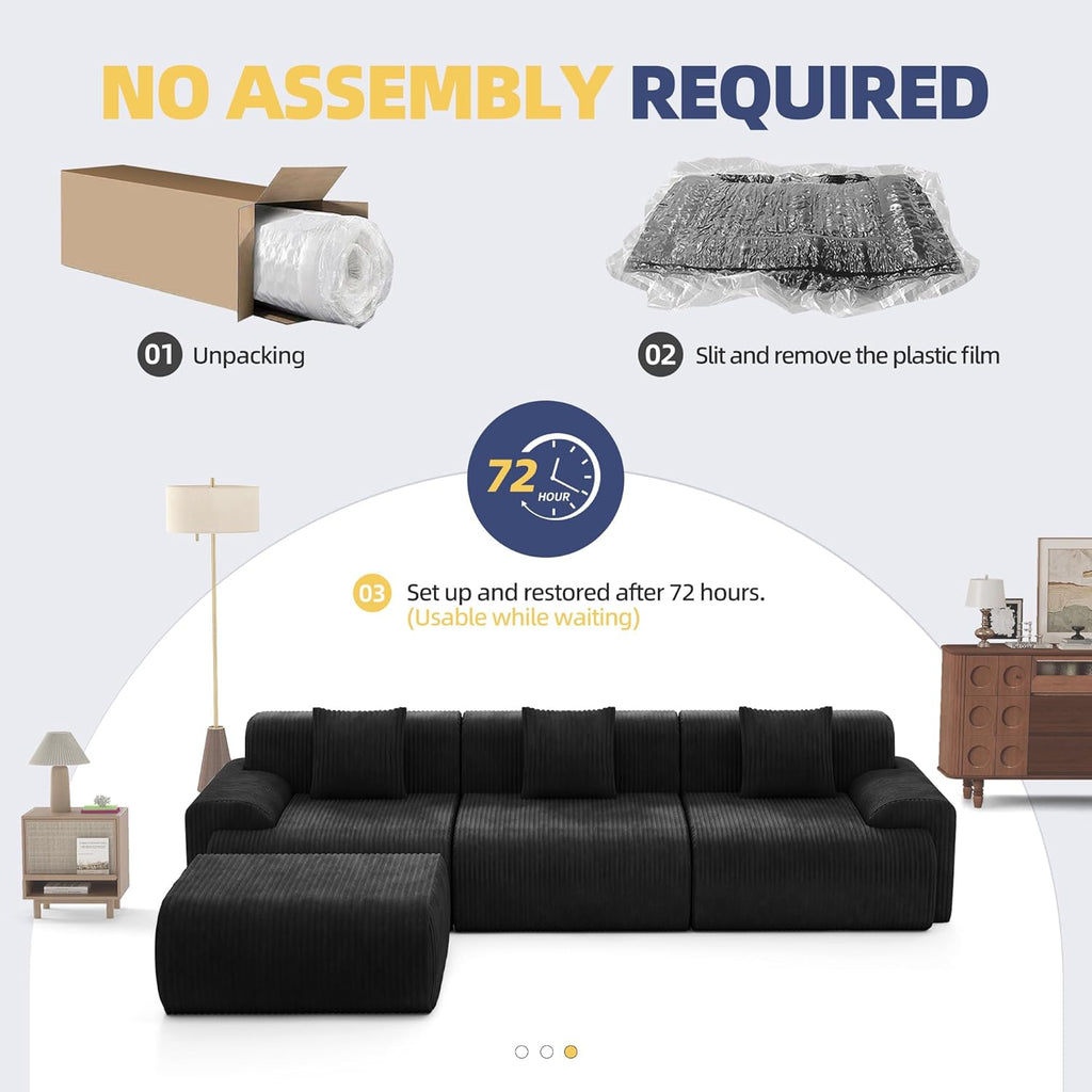 118" Modern L Shaped Modular Sectional Sofa, Boneless Cloud Couch with Ottoman, Oversized Corduroy Couch Deep Seat