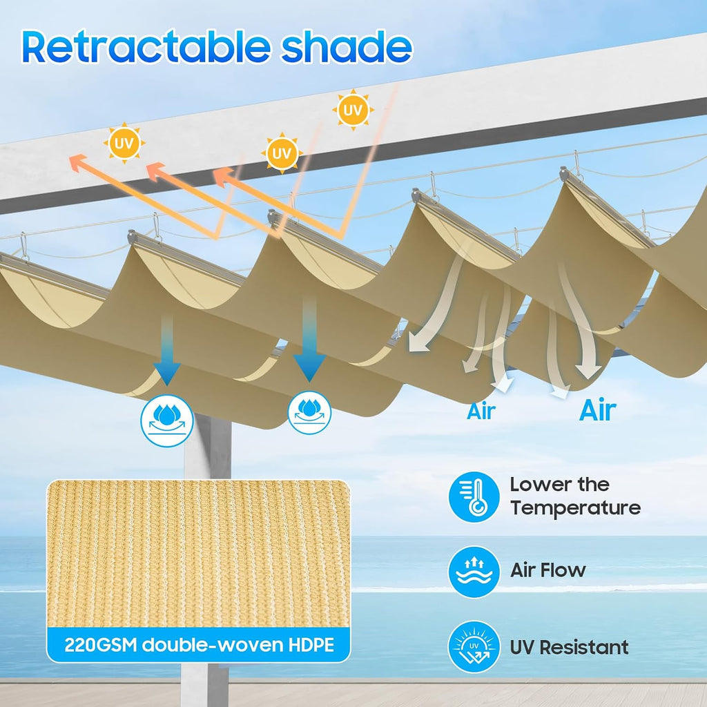 4'W X 18'L Retractable Awnings , Pergola Sliding Shade Cover high-Density Polyethylene Fabric, Wave Shade sail for