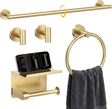 5 Piece 23.6 Inch Brushed Gold Bathroom Hardware Accessories Set | Stainless Steel Bath Extended Towel Bar, Toilet