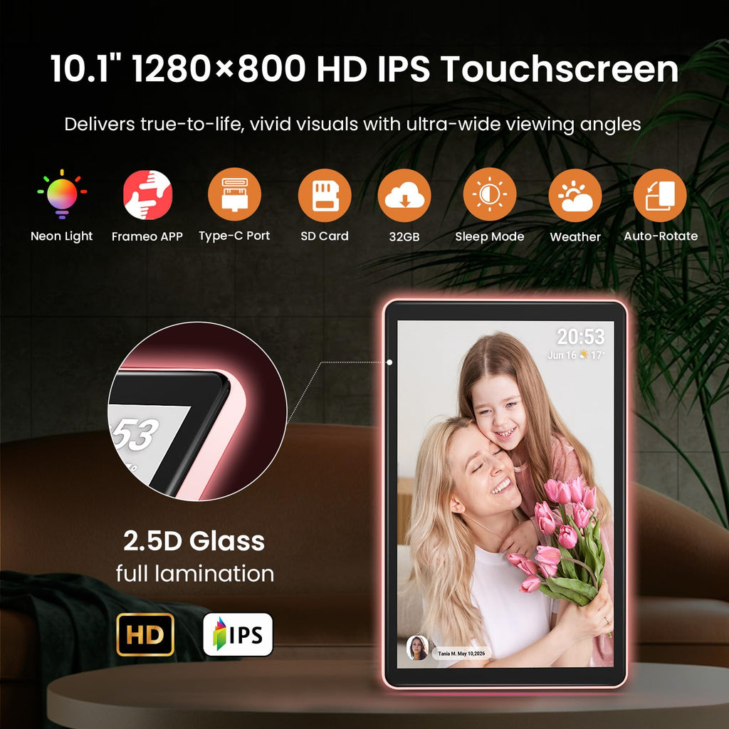Neon Light Digital Picture Frame, Desk Digital Calendar, Auto-synced Schedule via Frameo App - 10.1" HD Touchscreen