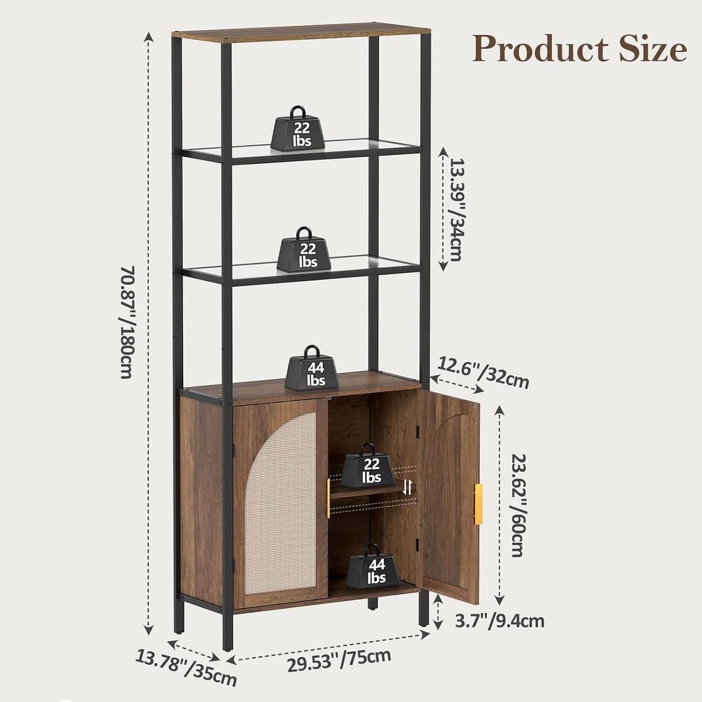 Rattan Bookshelf with Storage, Boho Bookcase with Wicker Doors, 71" Tall Book Shelf with LED Lights, Brown