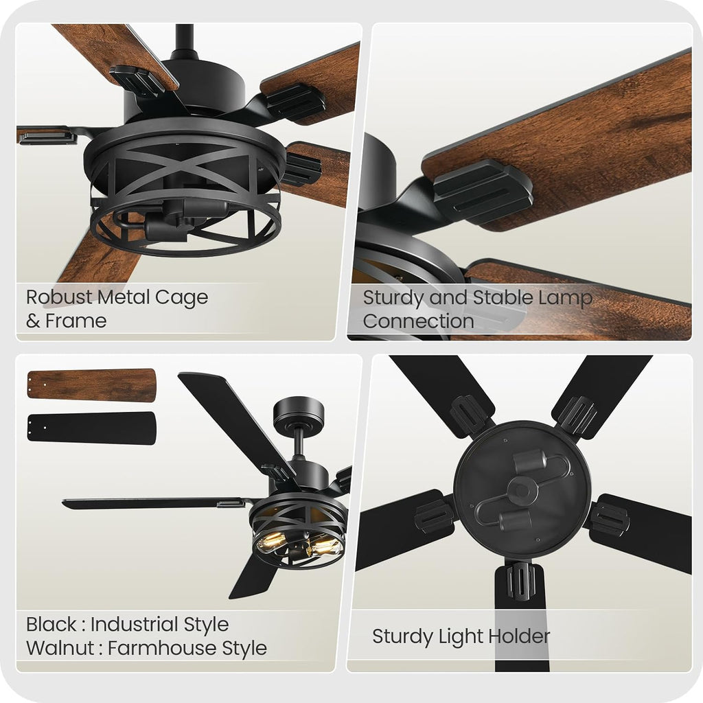 42 Inch Farmhouse Ceiling Fan with Lights and Remote, Timer, Dual Finish 5 Blades (Walnut and Black), 6 Speeds