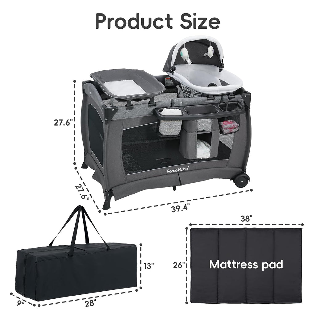 Pack and Play 4-in-1 Baby Playard with Bassinet & Changing Table, Foldable Portable Playpen with Mattress, Travel