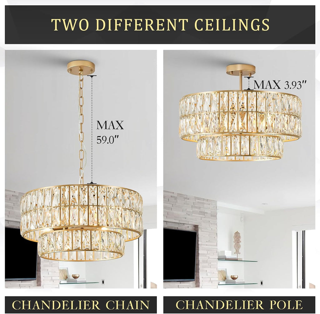 20'' Modern Gold Crystal Chandelier Luxury Semi Flush Mount Ceiling Light Fixtures 6-Lights Round Crystal Pendant