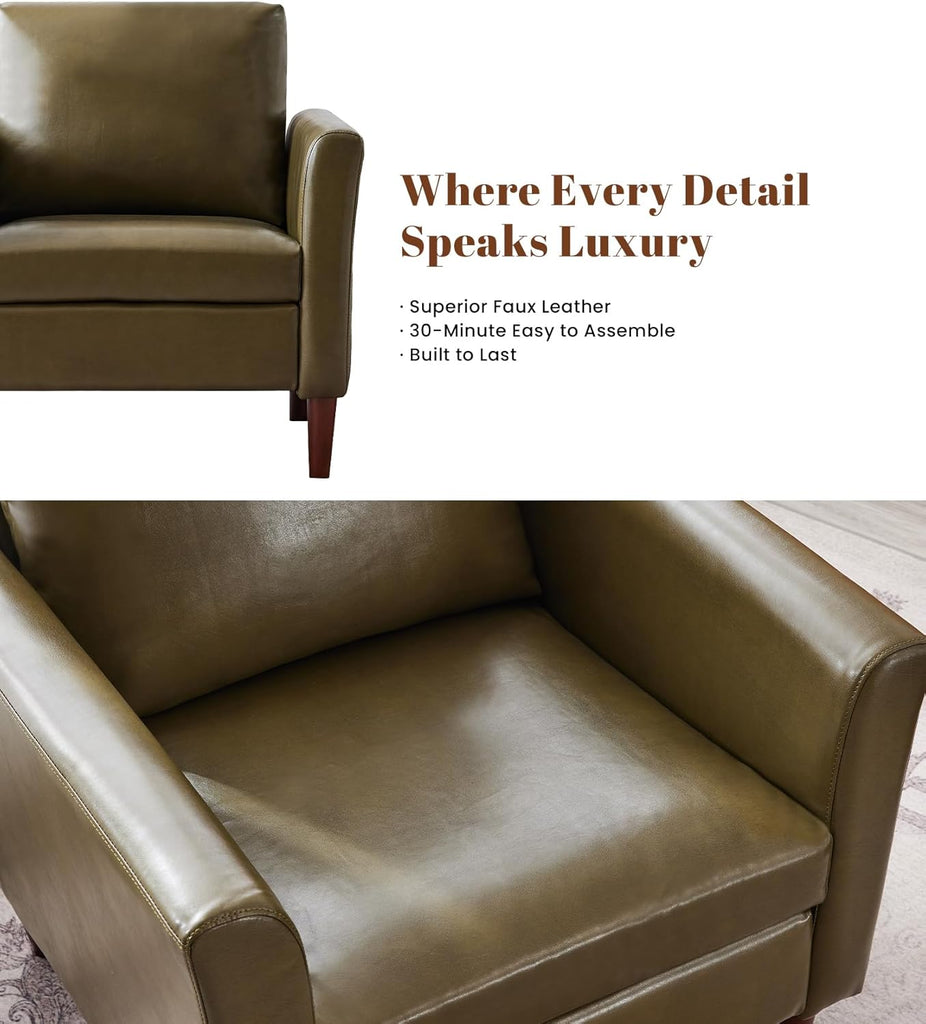 Accent Chair , Mid Century Modern Upholstered PU Leather Armchair with Rolled Arms and Deep Seat, Reading Chair and