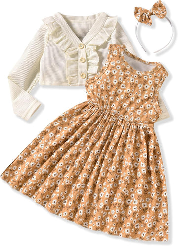 Toddler Little Girls Dress And Cardigan Sets 2 Piece Floral Print Sleeveless Dress and Long Sleeve Cardigan Set