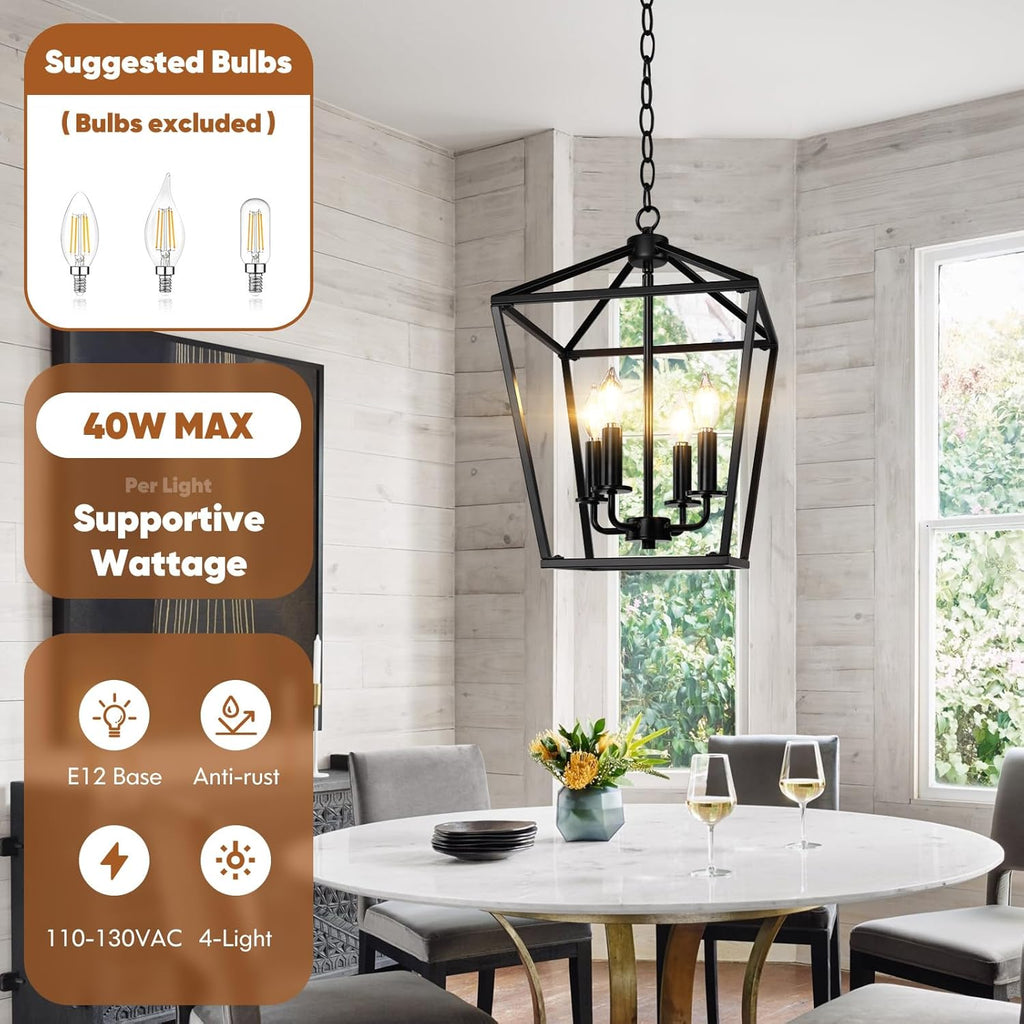 Farmhouse Chandelier 4-Light, Black Pendant Light Fixture for Kitchen Island Dining Room