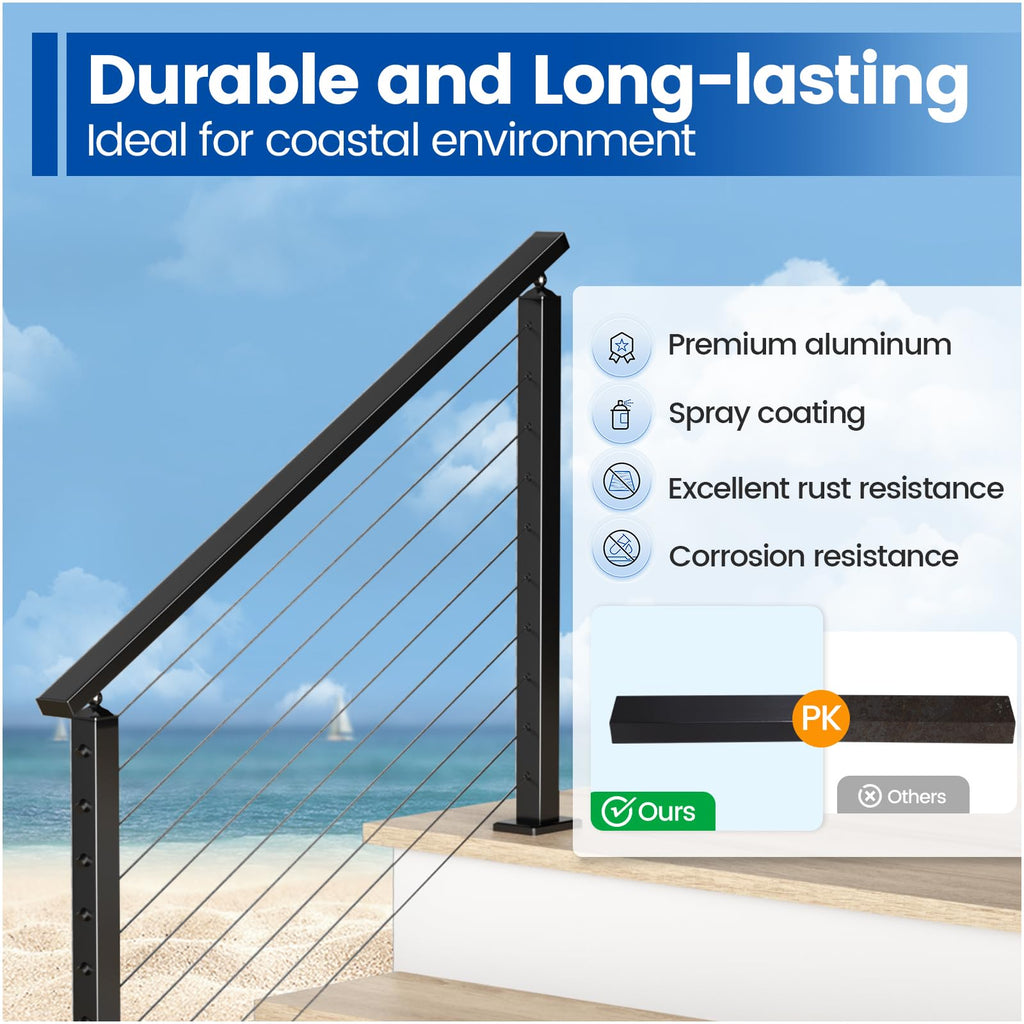 4Pack 6'6" Black Aluminum Cable Railing Handrail Rectangular HL10