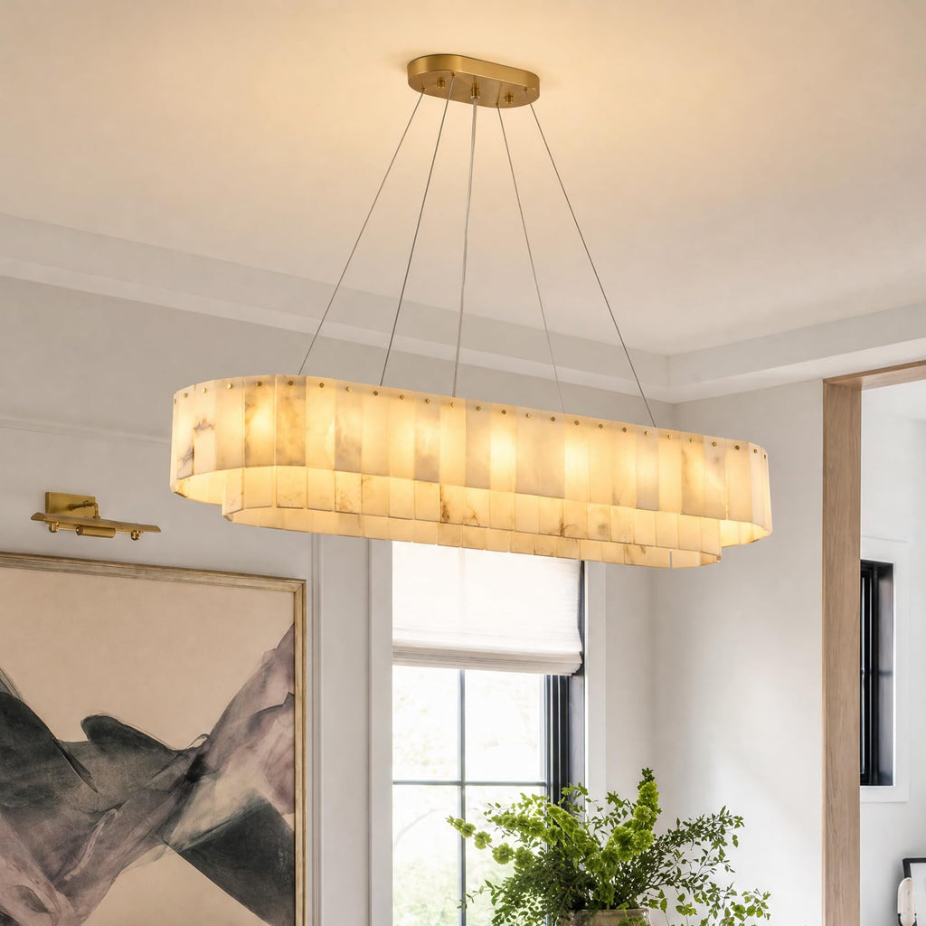 48 Inch Large Rectangular Alabaster Chandelier, 18 Light Modern Linear Pendant Light with Natural Stone Panels