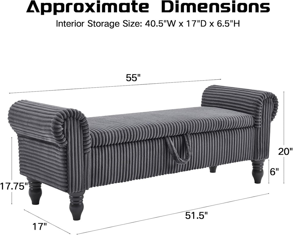 55" Corduroy Bench End of Bed, End of Bed Bench with Storage, Bed Benches with Rolled Arms, Upholstered Storage Bench