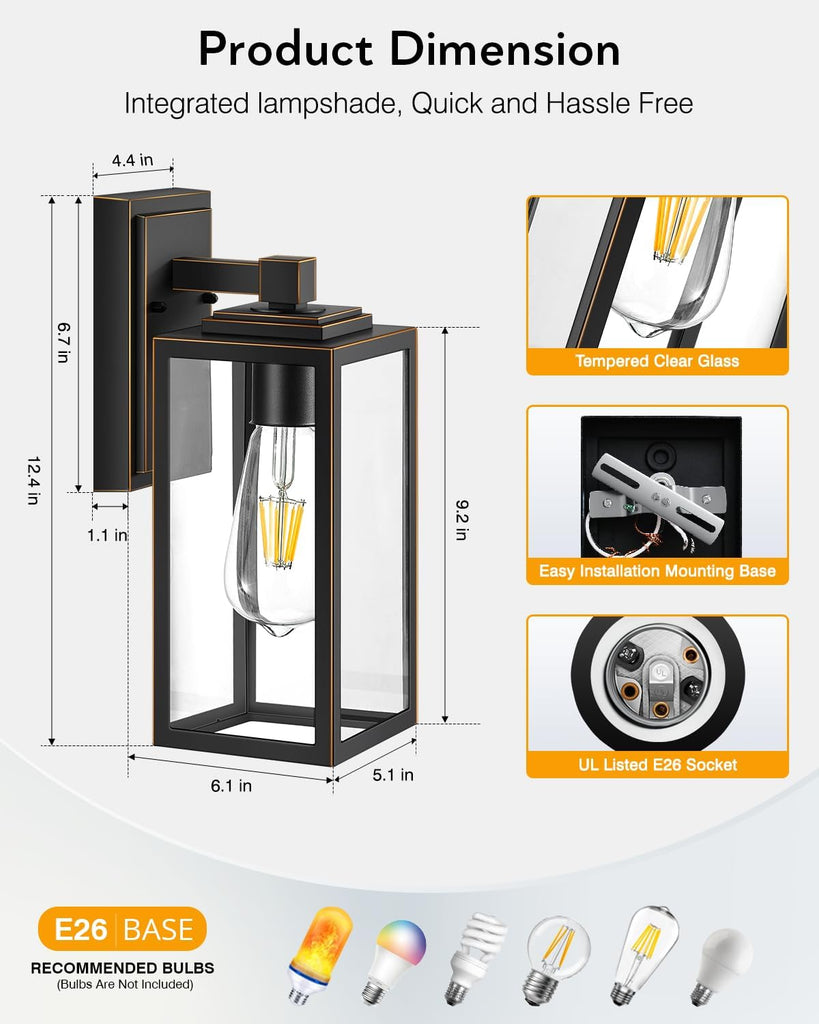 Exterior Lights for House, Outdoor Wall Sconce Lantern, Black Outdoor Light Fixtures Lantern with Clear Toughened Glass Shade for Garage, Garden, Patio, Waterproof,100% Aluminum