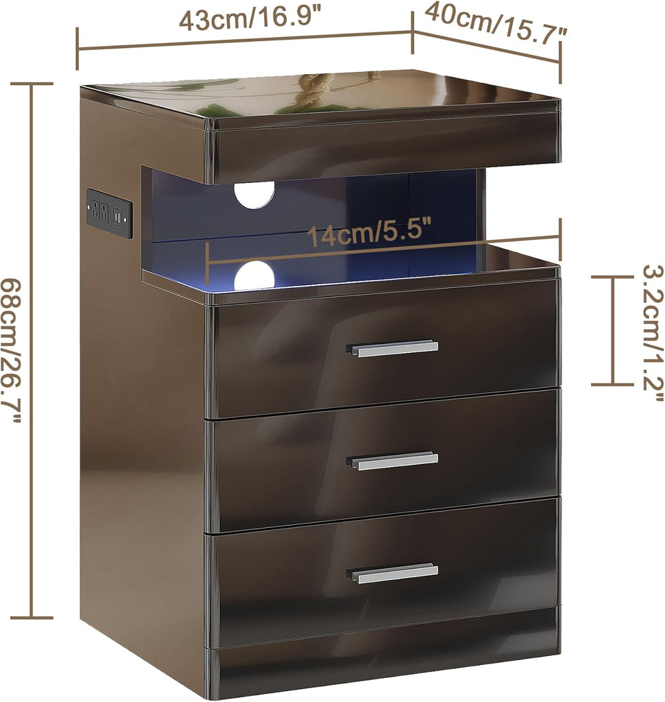 Led Nightstand with Hidden Space, Modern Night Stand with Charging Station, 3 Drawer Smart Nightstand with Glossy