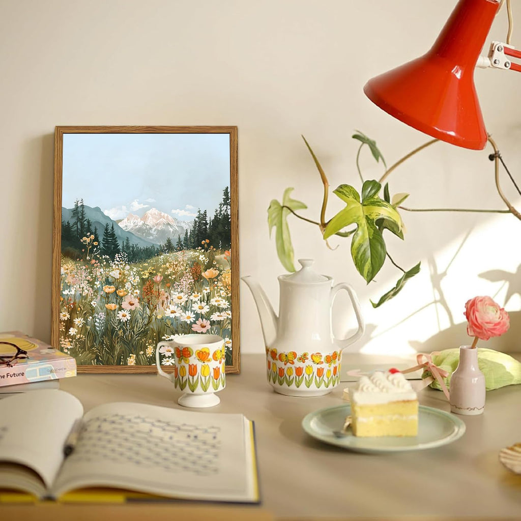 Framed Boho Landscape Wall Art, Colorful Floral Mountain Pictures Wall Decor, Vintage Wildflower Nature Paintings
